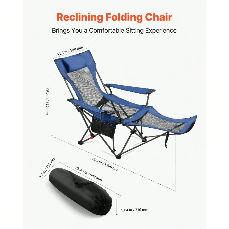 Reclining Camping Chair, 4 Adjustable Positions, Portable Folding Lounger For Adults, Mesh Beach Chair With Headrest & Foot Rest, Supports 220 Lbs, Heavy Duty Camp Chairs For Patio, Blue