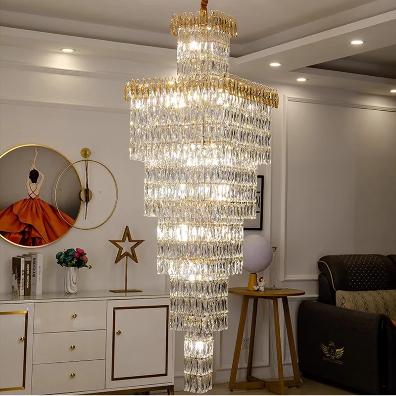 

New Design Light Luxury Duplex Building Living Room Golden Rectangular Large Chandelier Modern Villa Stairs K9 Crystal Long Lamp