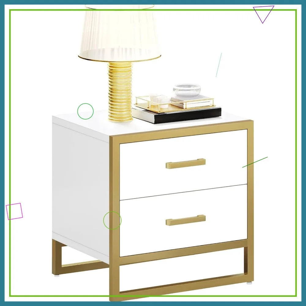 

White and Gold Nightstand with Drawers, Modern Bedside Table for Small Spaces, Minimalist Bedroom Furniture
