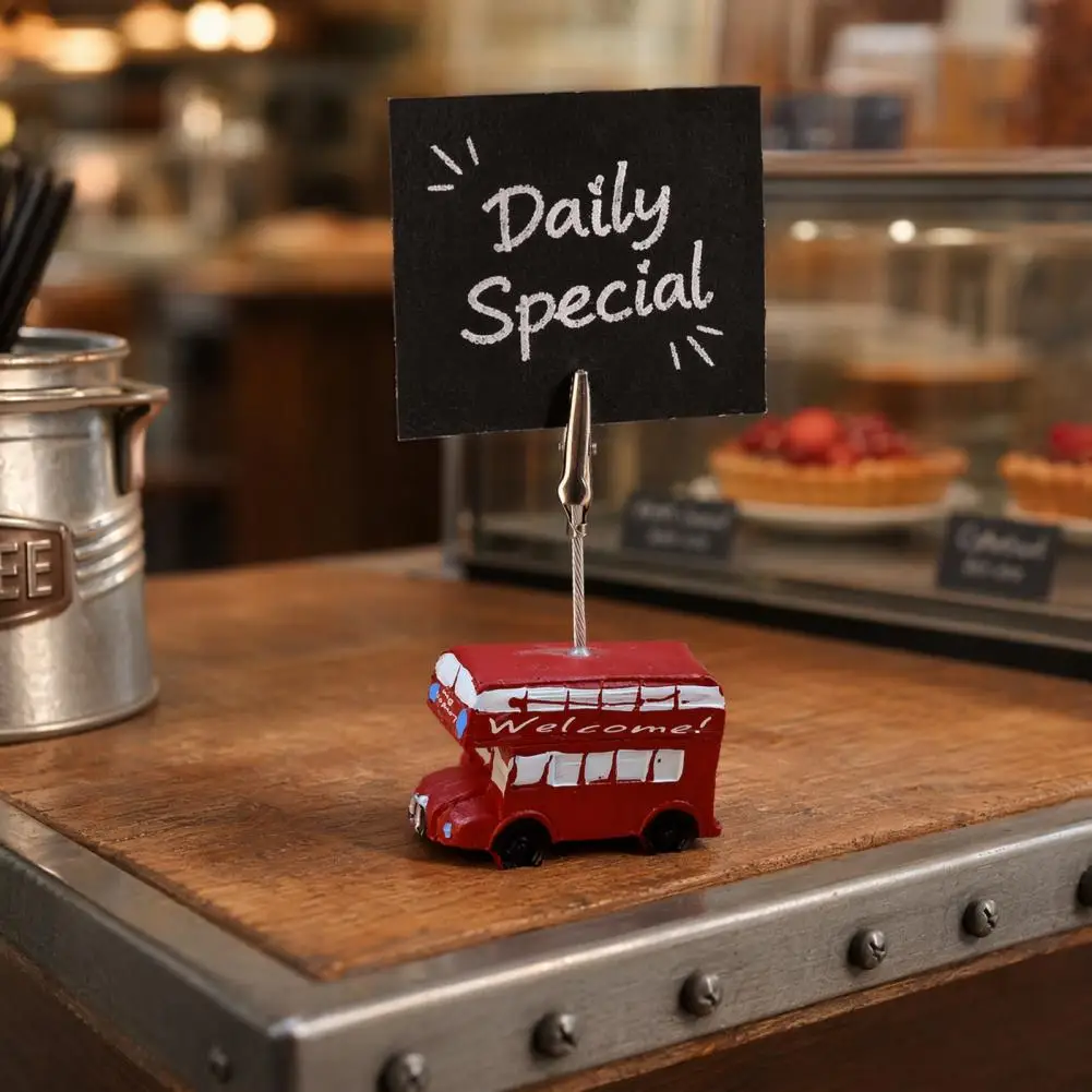 Business Card Stand Retro Metal Clip Photo Holder Vintage Resin Double-decker Bus Memo Stand Motorcycle Luggage for Office