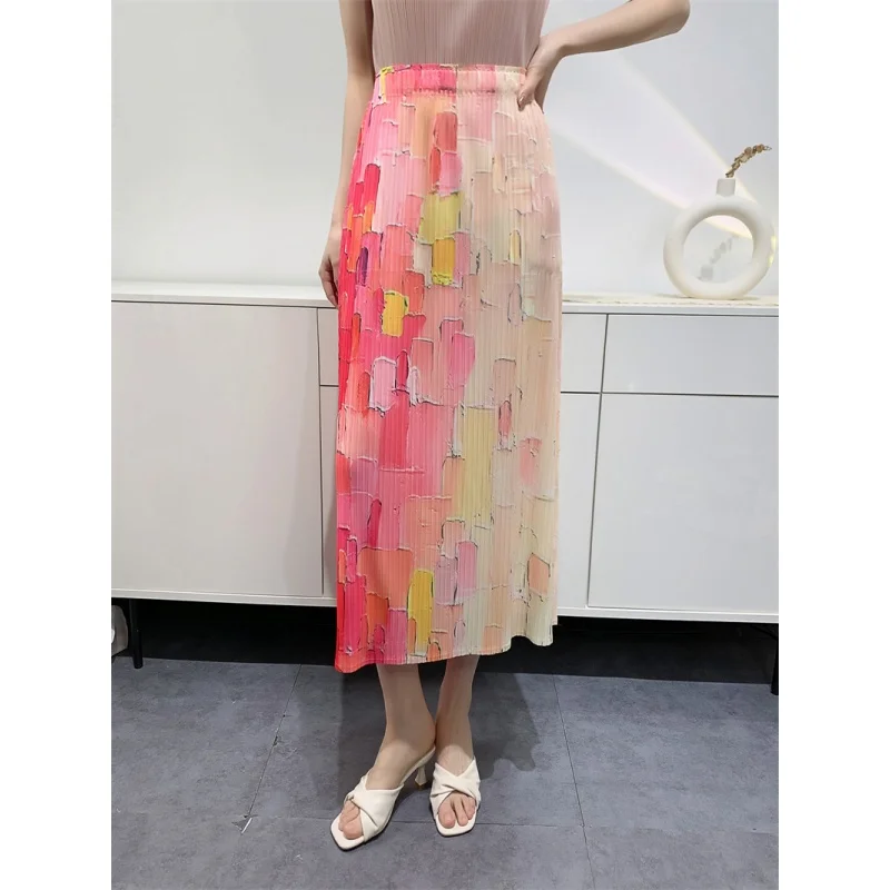 

Boutique MIYAKE Style Printed Mid length Comfortable Casual Fashionable Versatile Folded High Waist Slim Skirt [S-757]