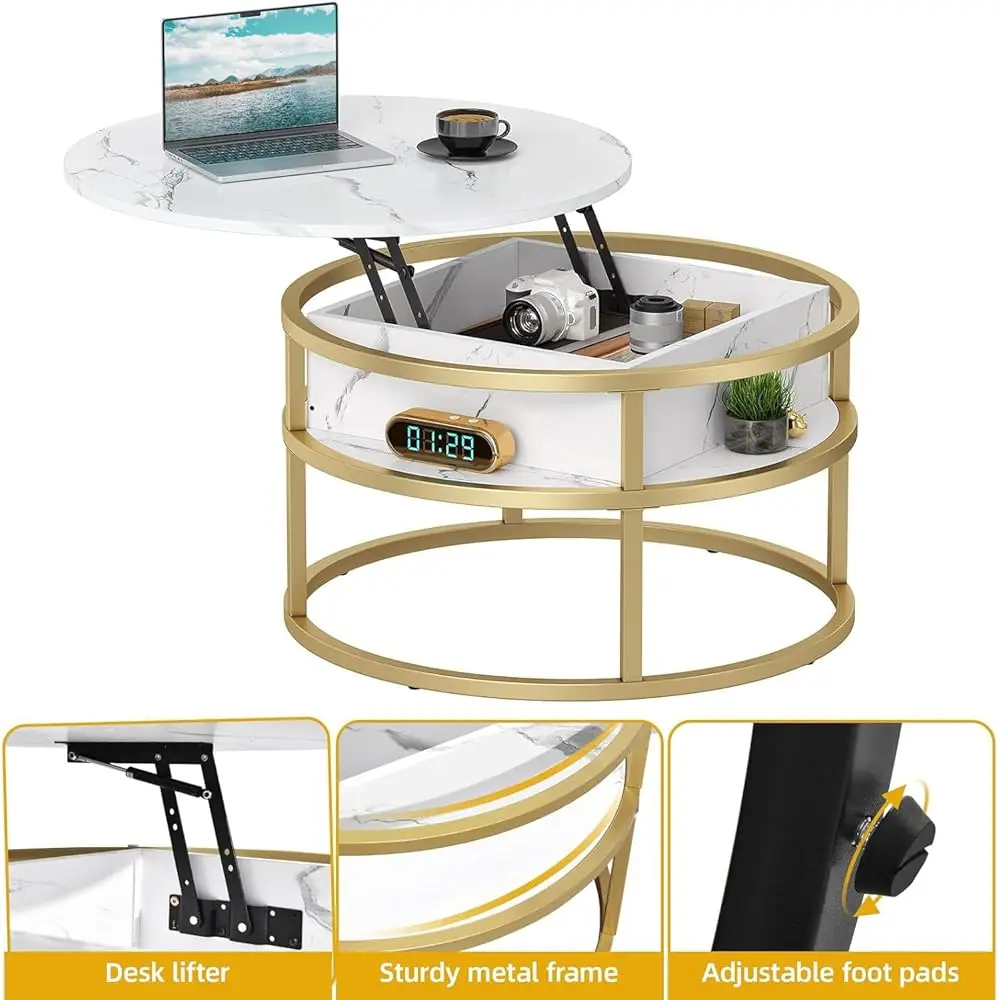 Coffee Tables For Living Room, Round Lift Top Coffee Table With Storage And Hidden Compartment, Rustic Small Circle Coffee