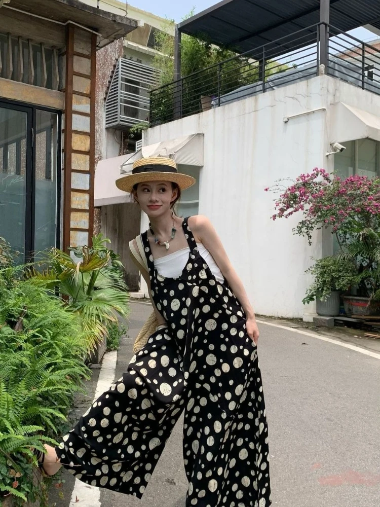 

Women's Summer Jumpsuit Wide Leg Pants Loose Fit Spaghetti Strap V Neck Polka Dot Casual Outfit