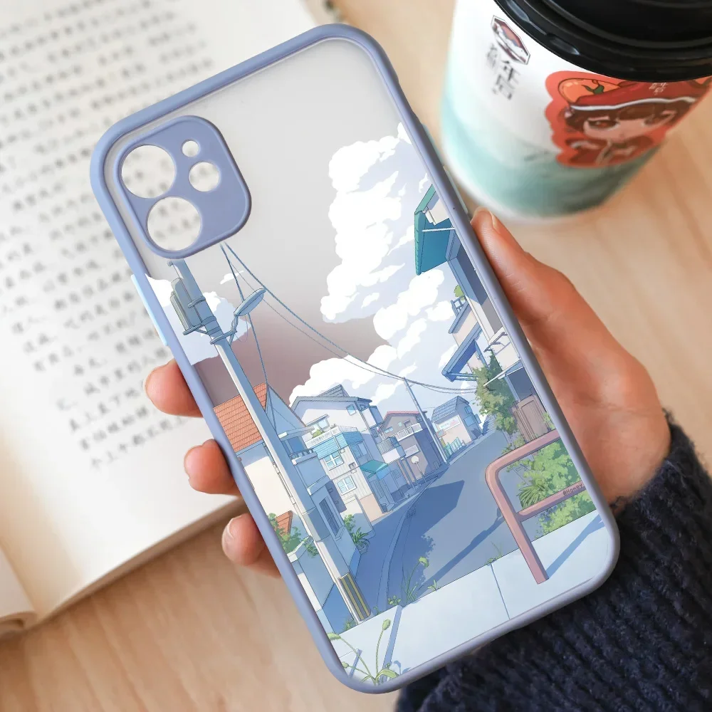 Cartoon Landscape Phone Case For iPhone 16 13 15 11 12 14 Pro Max 13Mini 15 Plus SE X XR Matte Clear Scenery Covers Fundas Skin