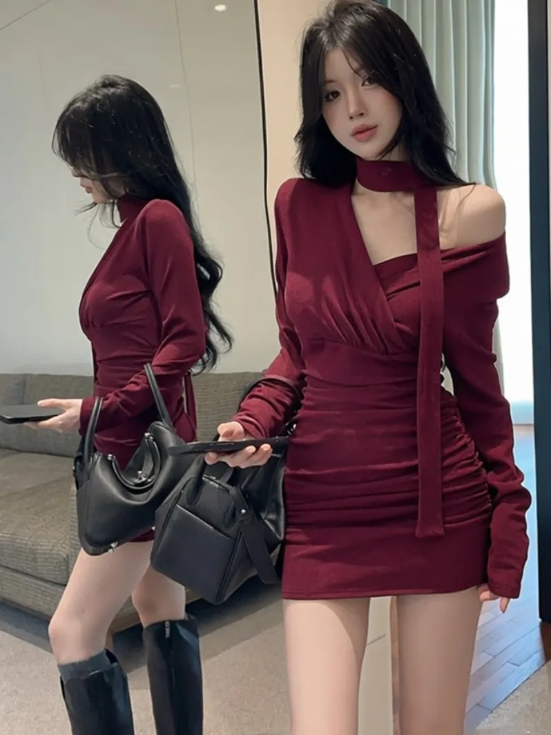 

New Year Sexy Pure Desire V-ne Red Hanging Ne Inner Dr Women's Winter Small Size Wrap-around ort Skirt Dr