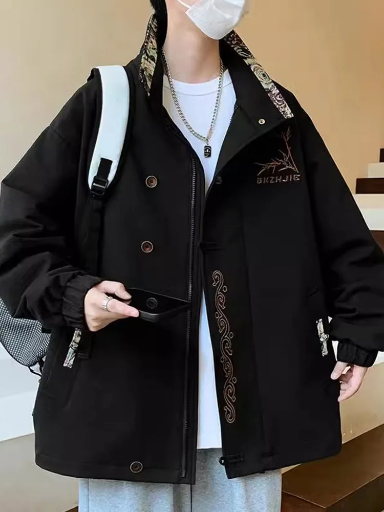 

New Chinese Sle Embroidered Hoodie Jaet Men's Autumn Winter Casual Tang Costume Top Polyester Fabric Loose Fit Faion