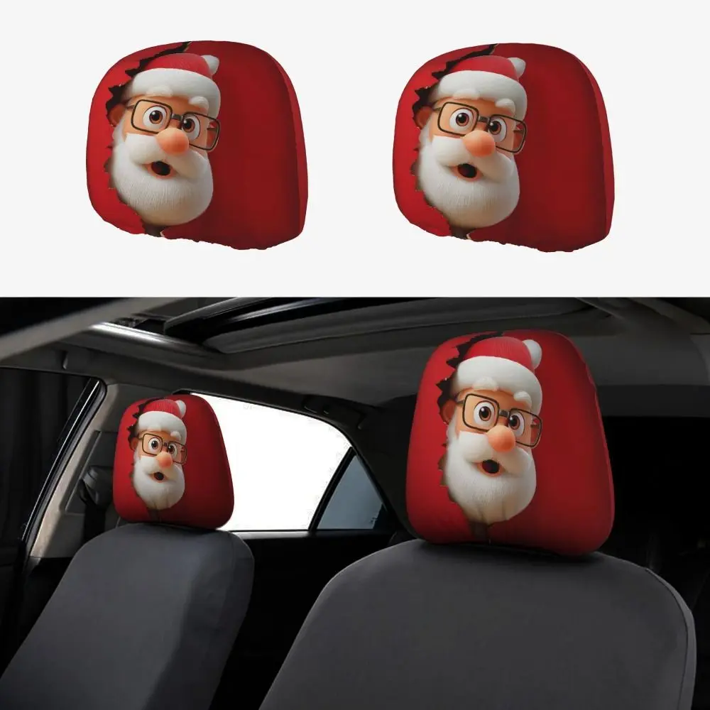 2Pcs Universal Car Headrest Cover Cartoon Santa Claus Christmas Car Pillowcase Washable Elastic Seat Headrest Protectors