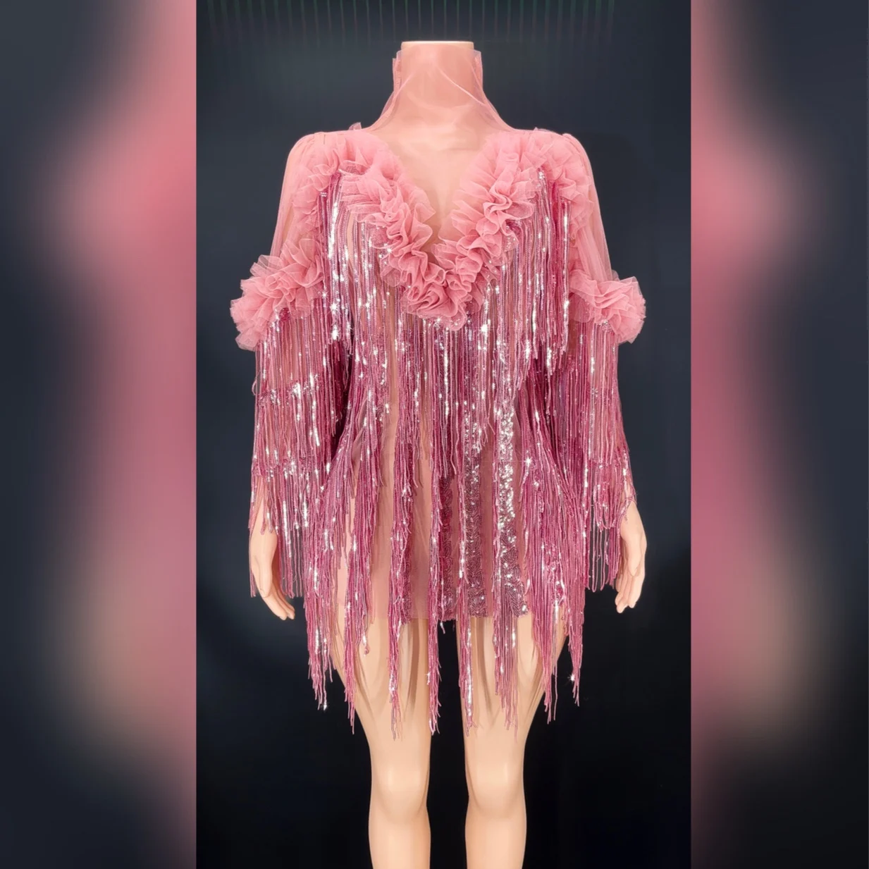 

New Pink Mesh Fringes Rhinestone Transparent Short Dress Women Dancer Performance Outfit Birthday Celebrate Sexy Costume