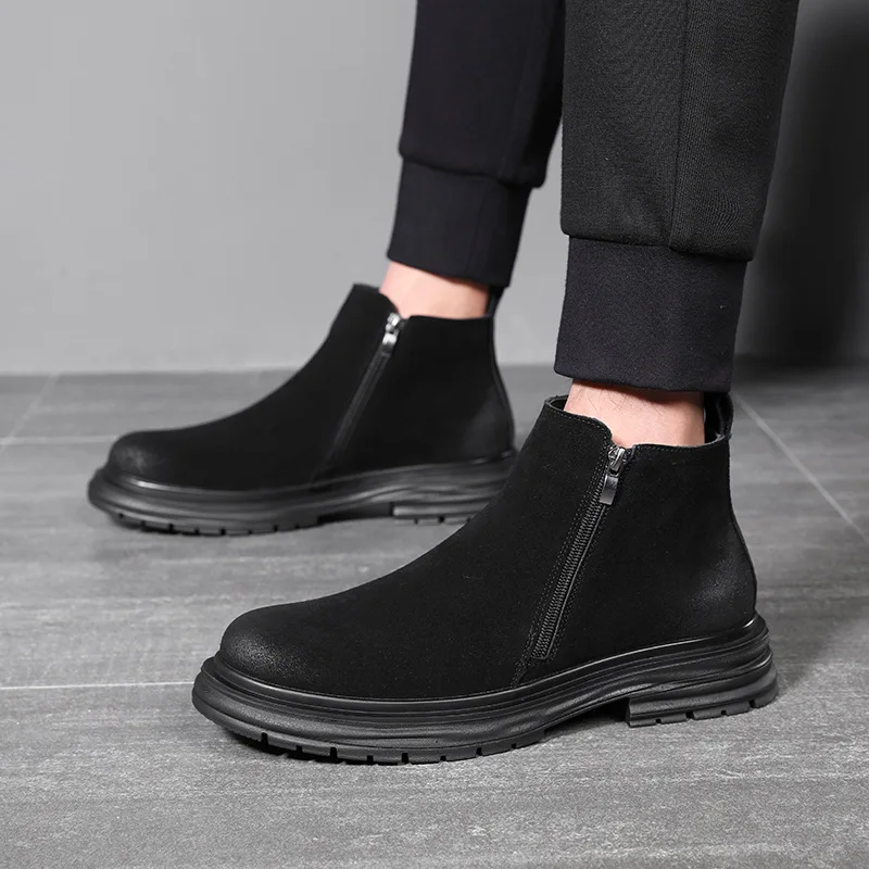 

new arrival mens casual chelsea boots black tide cow suede leather shoes cowboy autumn winter boot handsome platform ankle botas