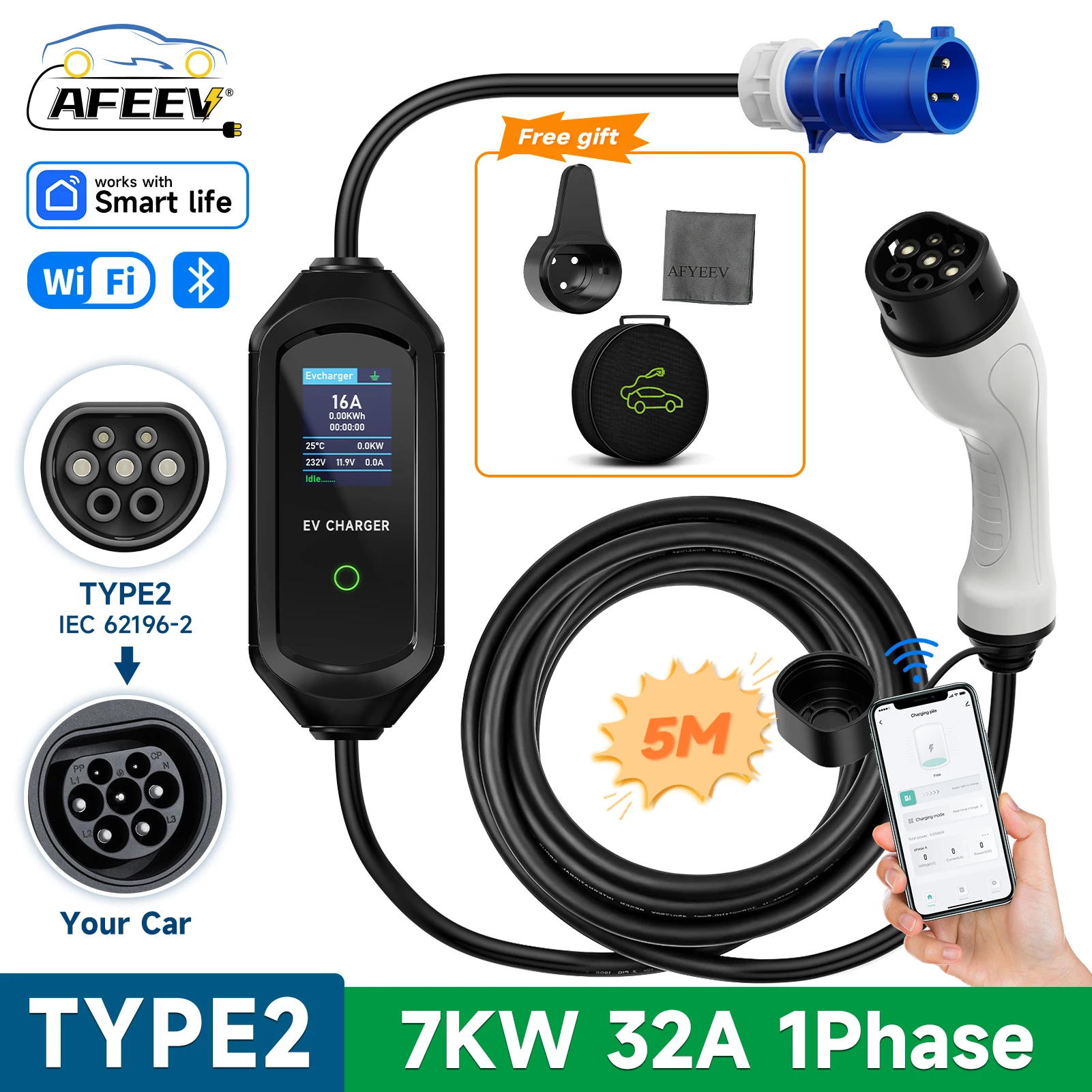 AFEEV 7KW Type2 IEC 62196-2 Portable EV Charger 32A Type1 SAE J1772 Wallbox GB/T Fast Charging Cable CEE Plug WiFi APP Control