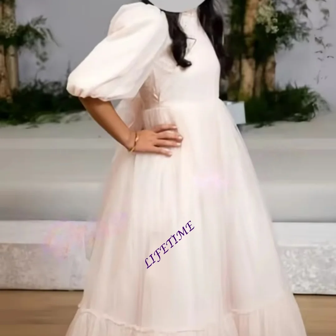 Blue Lace Chiffon Flower Girl Dress with Bow Half Sleeves for Wedding Ceremonies And Formal Receptions Customizable