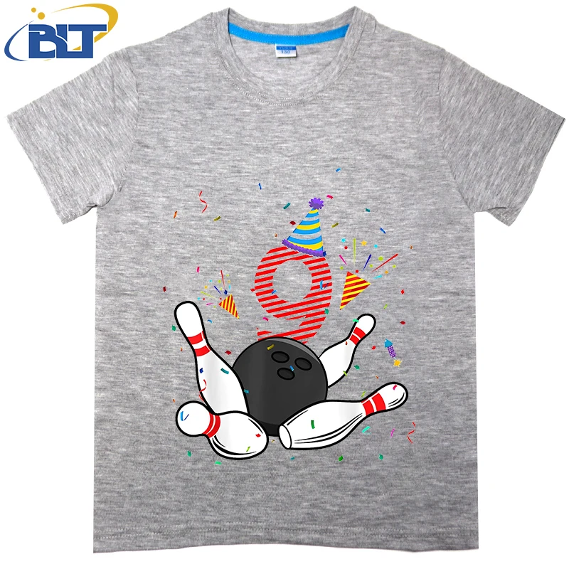 9th Birthday Bowling printed kids T-shirt, summer cotton short-sleeved casual top, suitable for both boys and girls