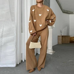 Casual Knitted Sweater Long Pants Woman Set Loose Love Print Knitting Pullover Sweaters High Waist Pant Sets Female Chic Outfits