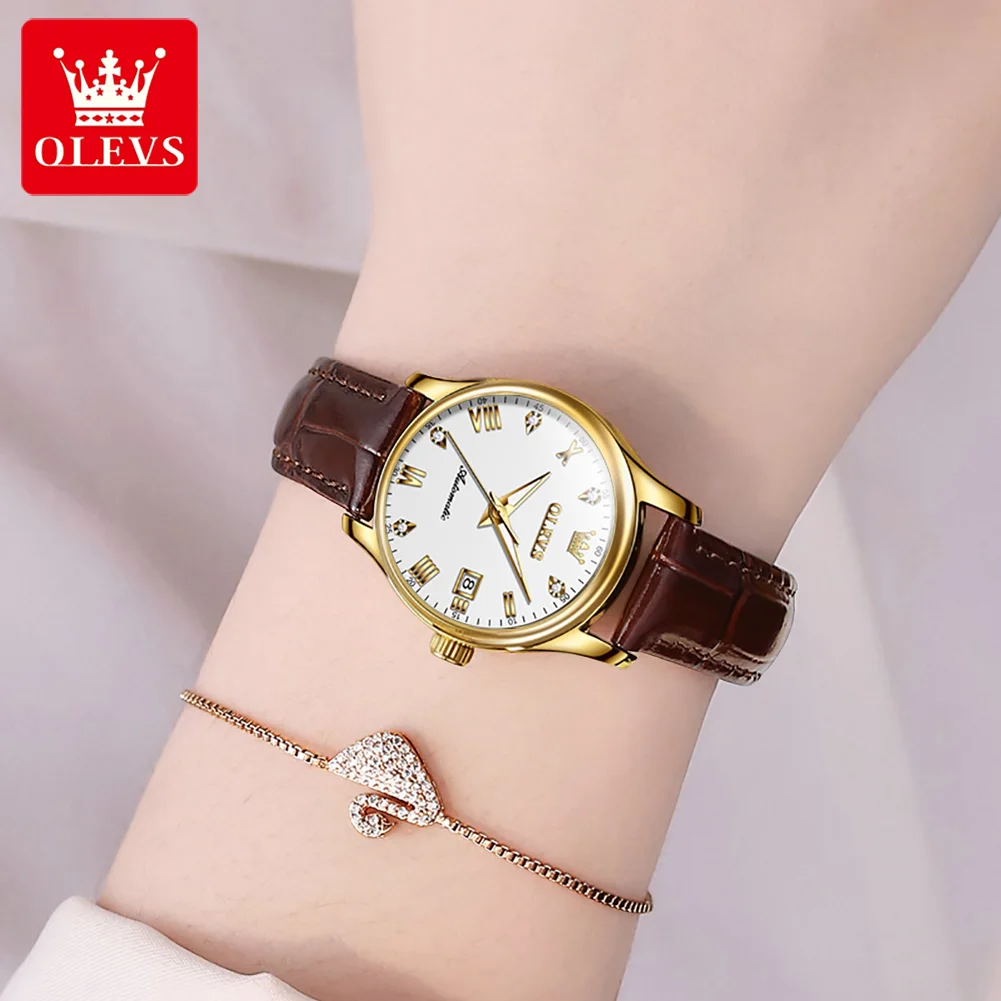 OLEVS Brand fully automatic mechanical watch women\'s simple leather strap calendar 9932