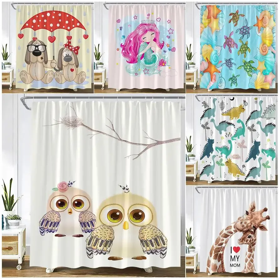 Nette Tiere Cartoon Dusche Vorhänge Eule Hund Giraffe Dinosaurier Schildkröte Meerjungfrau Kinder Bad Vorhang Kinder Zimmer Badezimmer Dekor Se