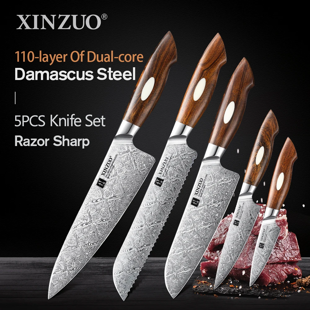 XINZUO 1/2/3/5pcs Kitchen Knives Set 110 Layers Damascus Steel Perfect Sharp Blade Chef Bread Santoku Utility Paring Knife