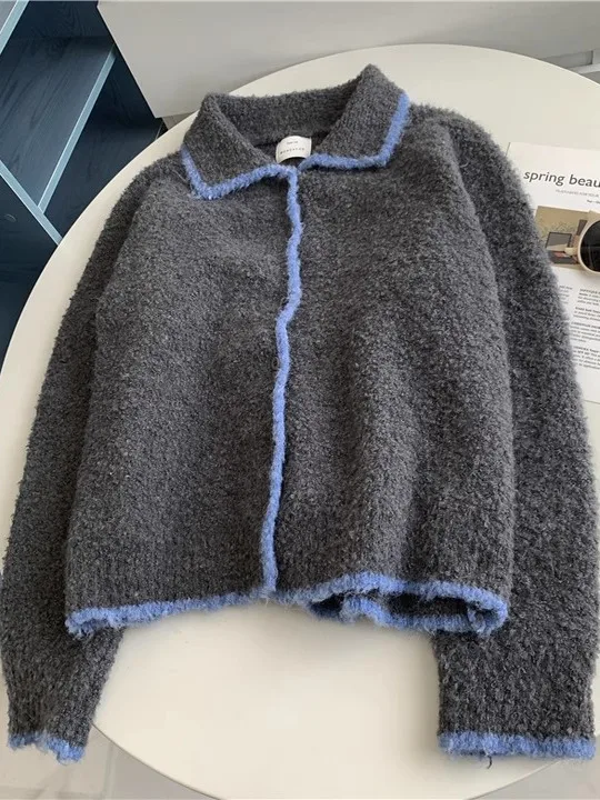 Korean Sle Women's Knitted Cardigan Sweater Soft Cozy Lazy Sle Student Autumn Winter Flip Collar Open Front Warm Top