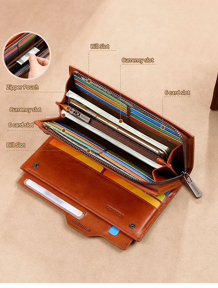Neue Herren-Geldbörse aus echtem Leder, lange Handtasche aus Rindsleder, für Reisen, leicht, minimalistisch, große Kapazität, Diebstahlschutz, Farbverlauf, Gelb, Br – Detail 5