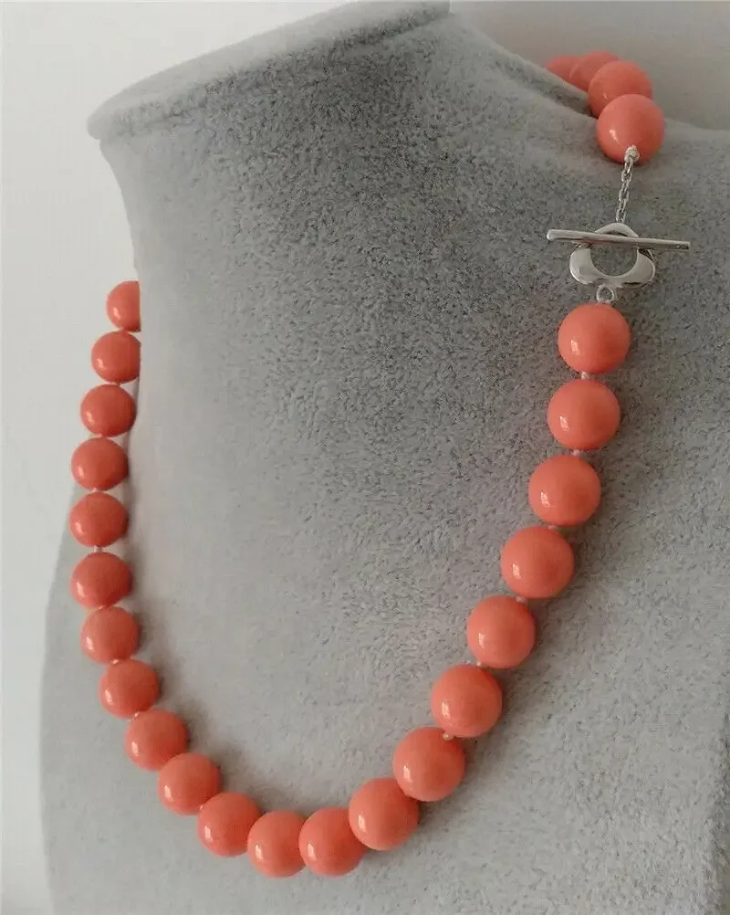 

Huge 12mm Genuine Coral Pink Round South Sea Shell Pearl Necklace 18''