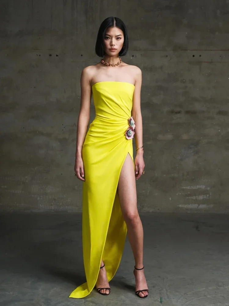 

Sexy Strapless 3D Embroidered Flower Long Dress Women Yellow Sleeveless High Split Slim Elegant Evening Party Gowns Dresses