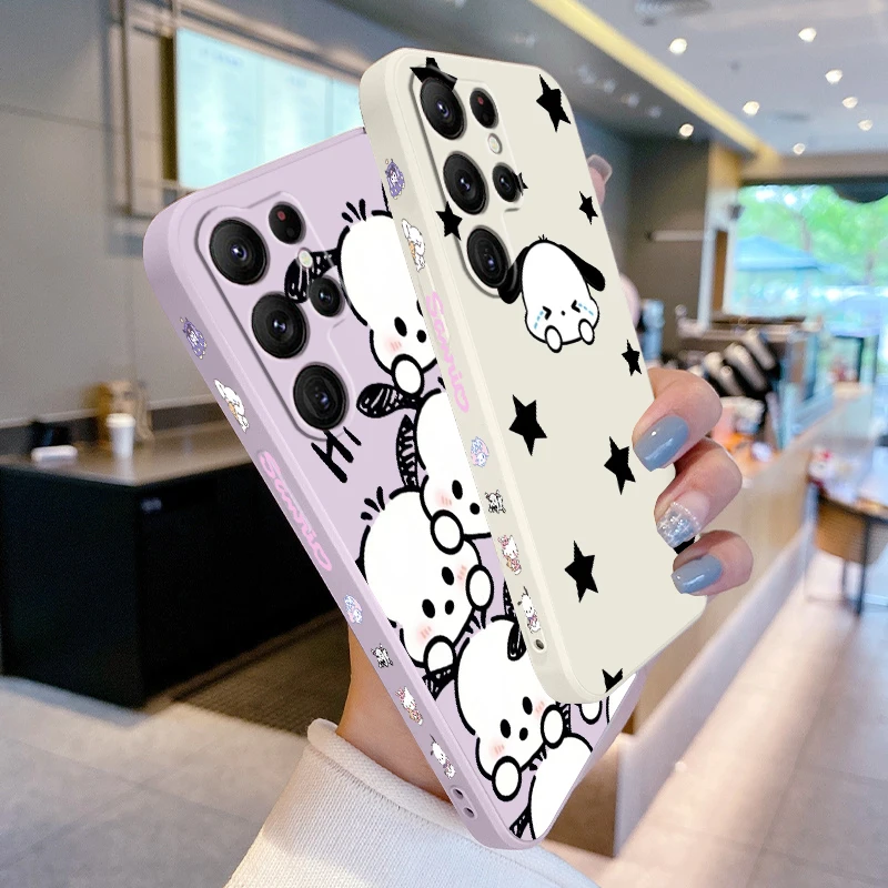 Cute Pacha Dog Sanrio Liquid Left Rope For Samsung Galaxy S24 S23 S22 S21 S20 FE S10 Ultra Plus Lite 5G Cover TPU Phone Case