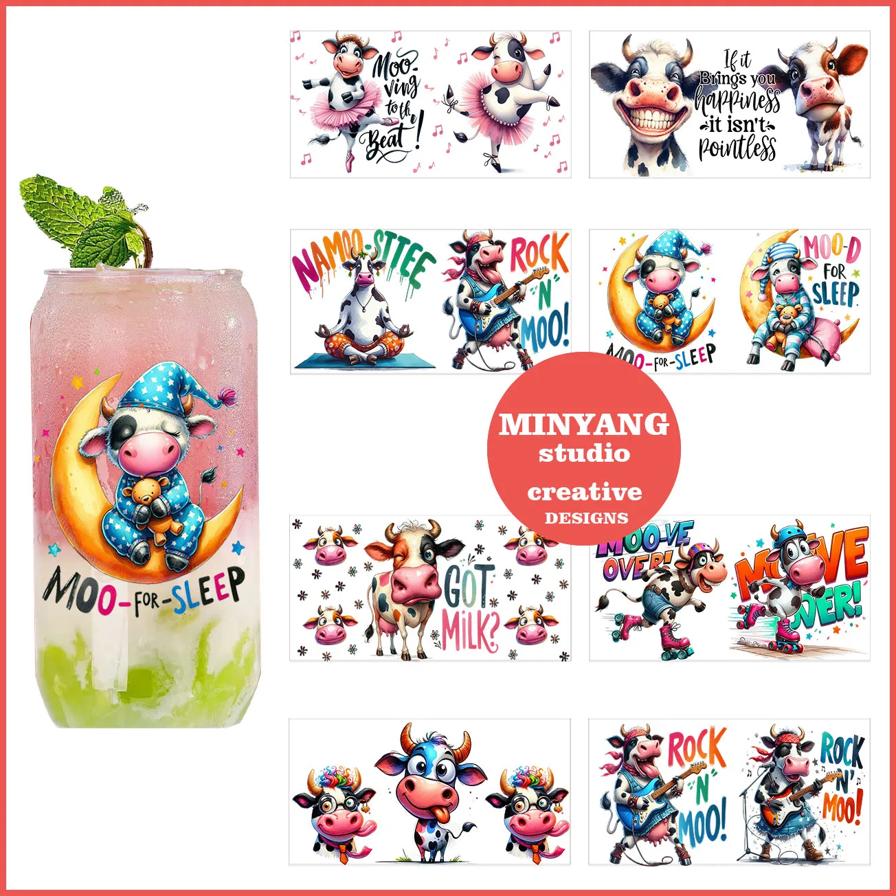 

Cartoon cow stickers peel waterproof DIY Decals 3D transfers uvdtf crystal stickers 16oz uv dtf cup wraps for Libbey Glasses