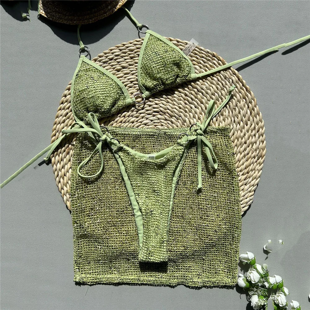 Green Fishing Net Sexy Swimsuit Cover Ups Women 3 Piece Bikini Set Damen Halter Swimwear 2025 Beachwear String Micro Bikinis