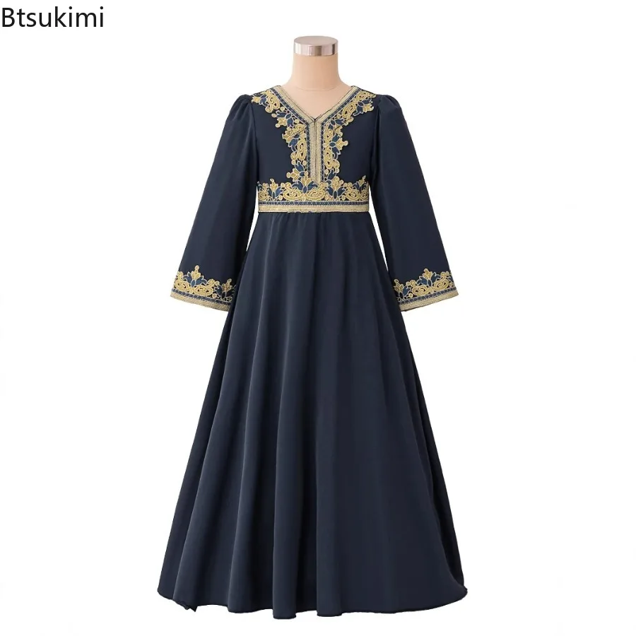 이드 무슬림 어린이 드레스 사우디 두바이 아바야 라마단 기도복 긴 소매 카프탄 아랍 이슬람 캐주얼 로브 소녀 파티 드레스