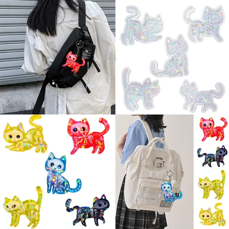 Holographic 5 Postures Cat Pendant Silicone Mold DIY Jewelry Hanging Keychain Decoration Epoxy Resin Mold Handicraft Accessories