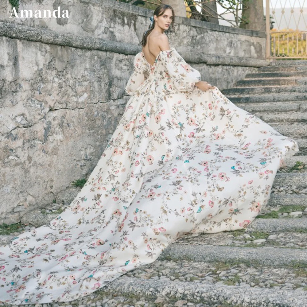 Amanda-Robe de soirée à manches bouffantes, robe de Rh, robe de princesse, ligne A, peinture de fleurs, queue de balayage, 2023