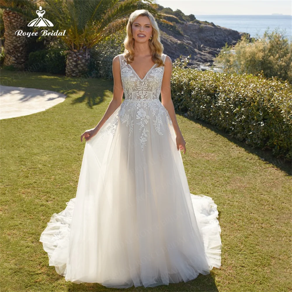 

Классическое свадебное платье трапециевидной формы с V-образным вырезом без рукавов и кружевной аппликацией в стиле бохо, элегантное тюлевое платье с сексуальной спинкой, индивидуальное suknia ślubna