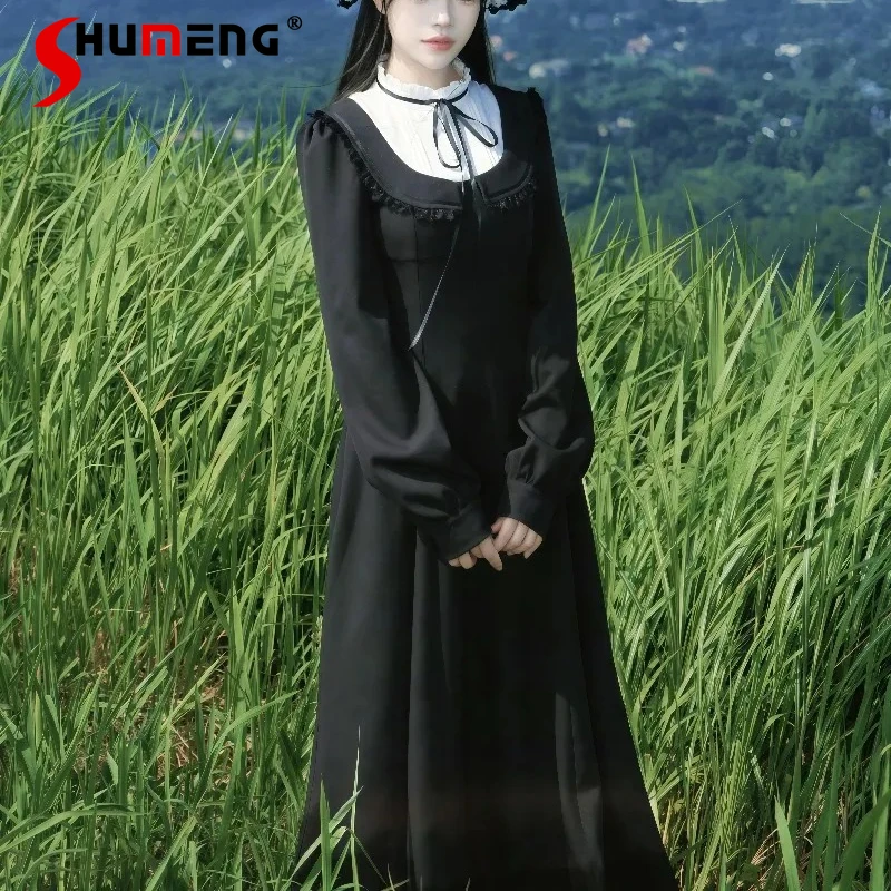 

French Vintage Dark Black Style Dresses 2025 Autumn Winter New Elegant Chic Waist-Cinching Lace Long Dress Women's Vestidos