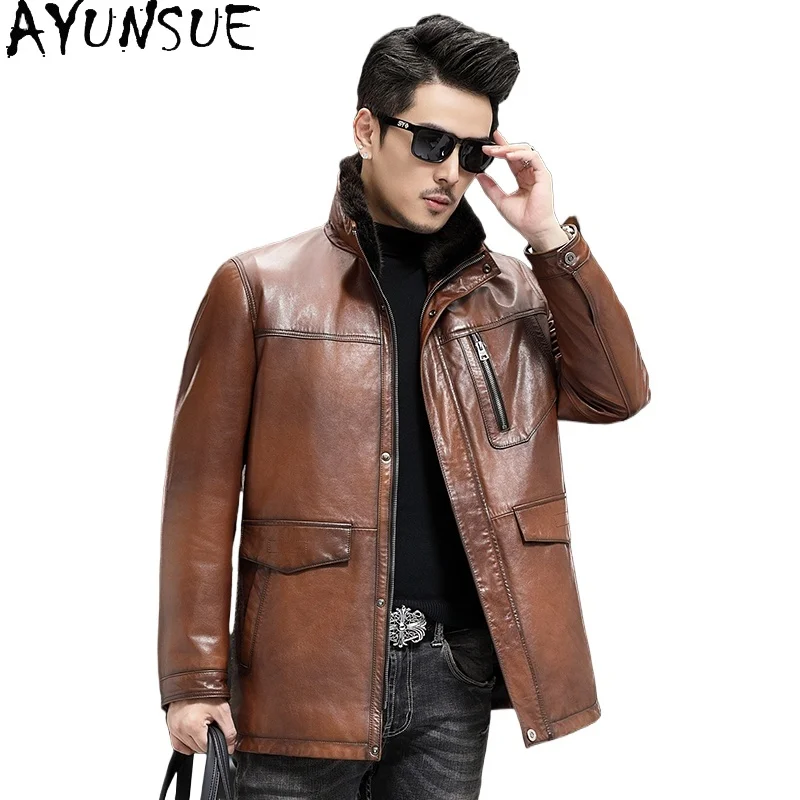 

AYUNSUE Новый 90% белый утиный пуховик мужские зимние повседневные куртки из натуральной козьей кожи мужские норковые меховые воротники коричневые пуховые пальто