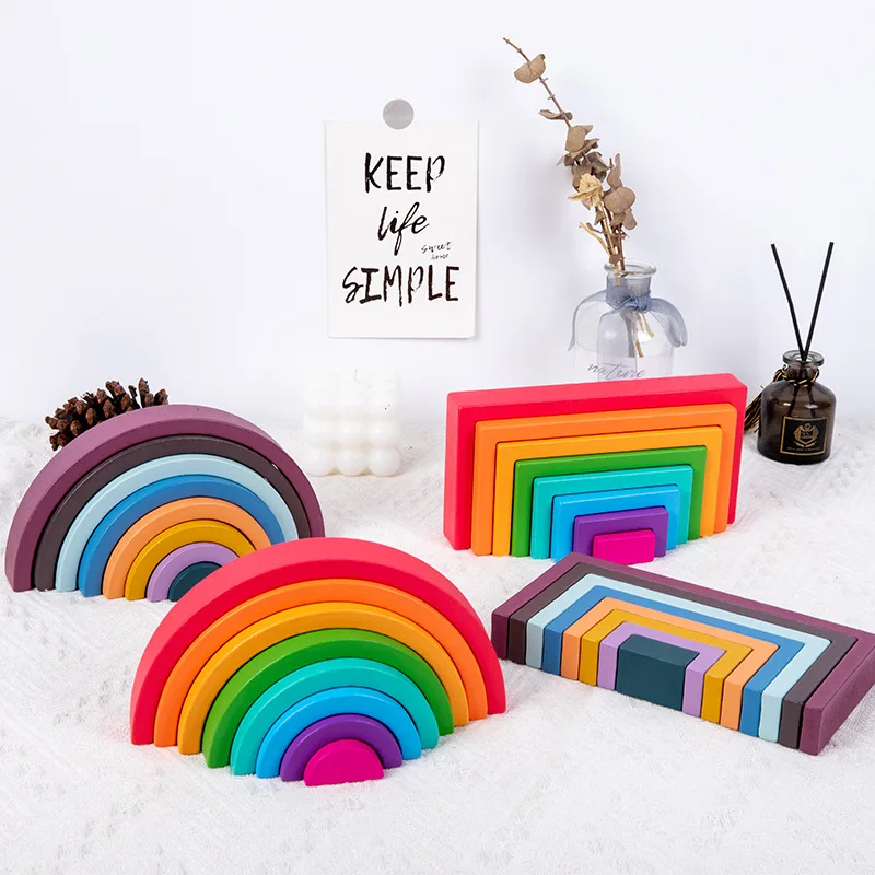 Montessori Wooden Rainbow Stacking Game,Eight Layers Square/Arch Colorful Stacker,Color Recognition Building Blocks Toys