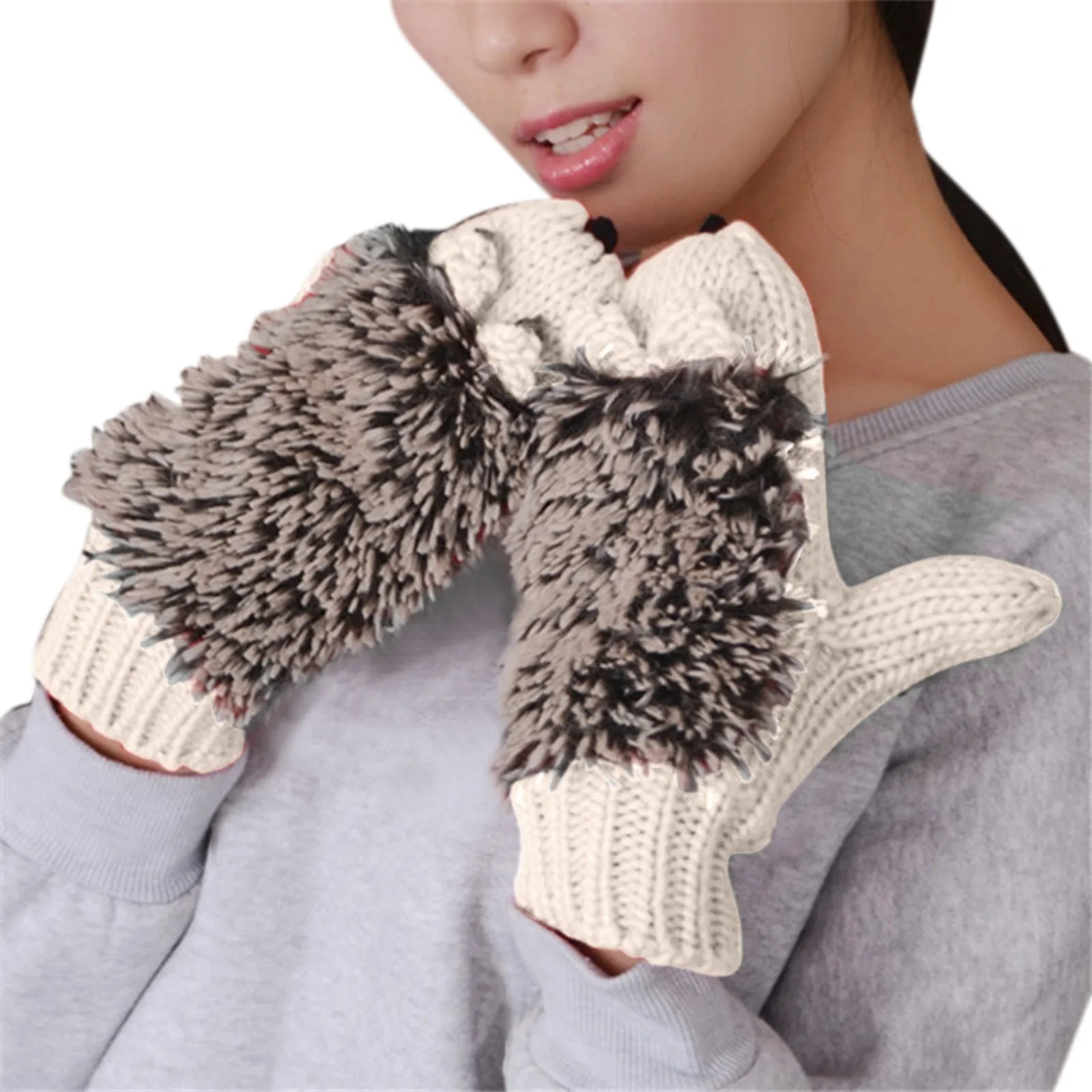 Fleece Warm Knitted Gloves Winter Thick Cute Hedgehog Mittens Cold Weather Plush Soft Gloves Winter Accessories guantes