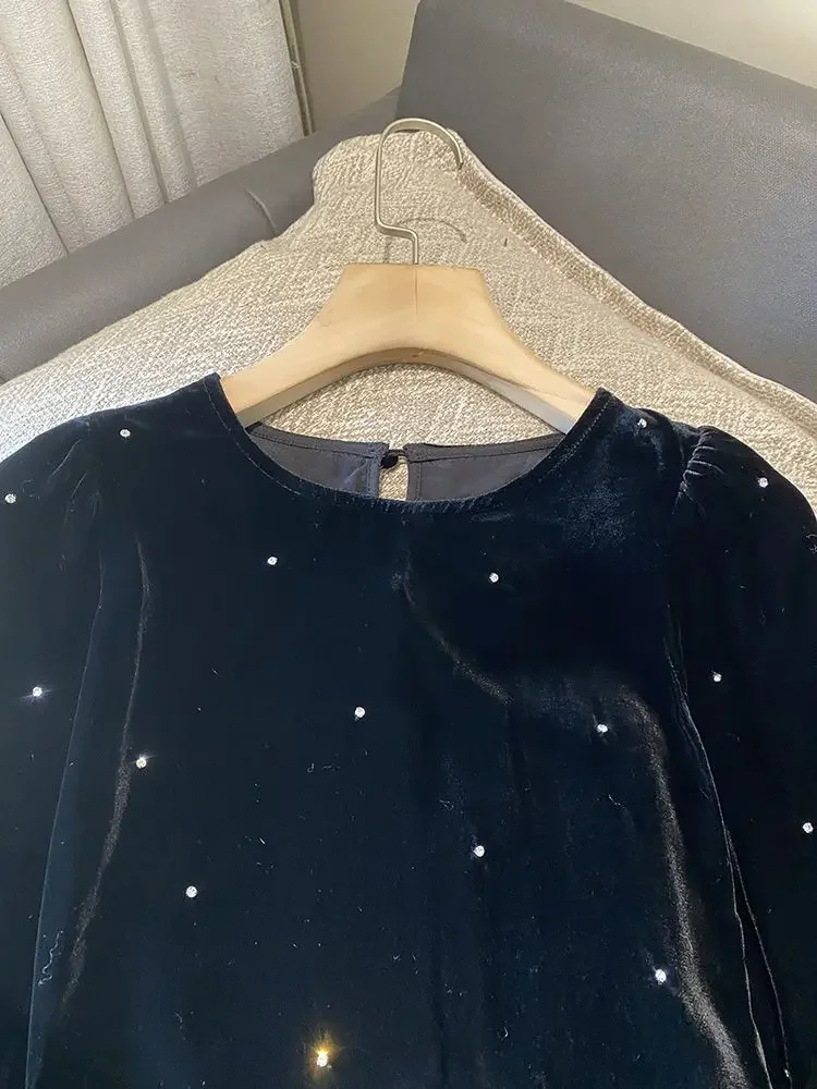 

New Heavy Duty Hot Diamond Slimming Short Long Sleeve Top Light Luxury Velvet Spliced Mushroom Ee Shirt for Women's Autumn