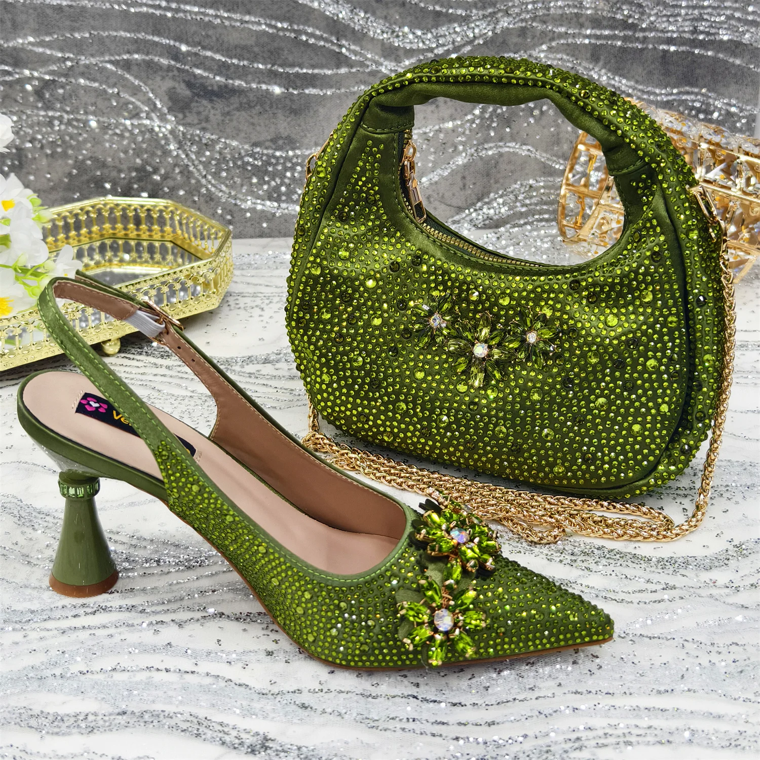 Venus Chan Olive-Green Pointed-Toe Women's High Heels Shoes and Bags for Party Rhinestone Evening Elegant Luxury Handbag