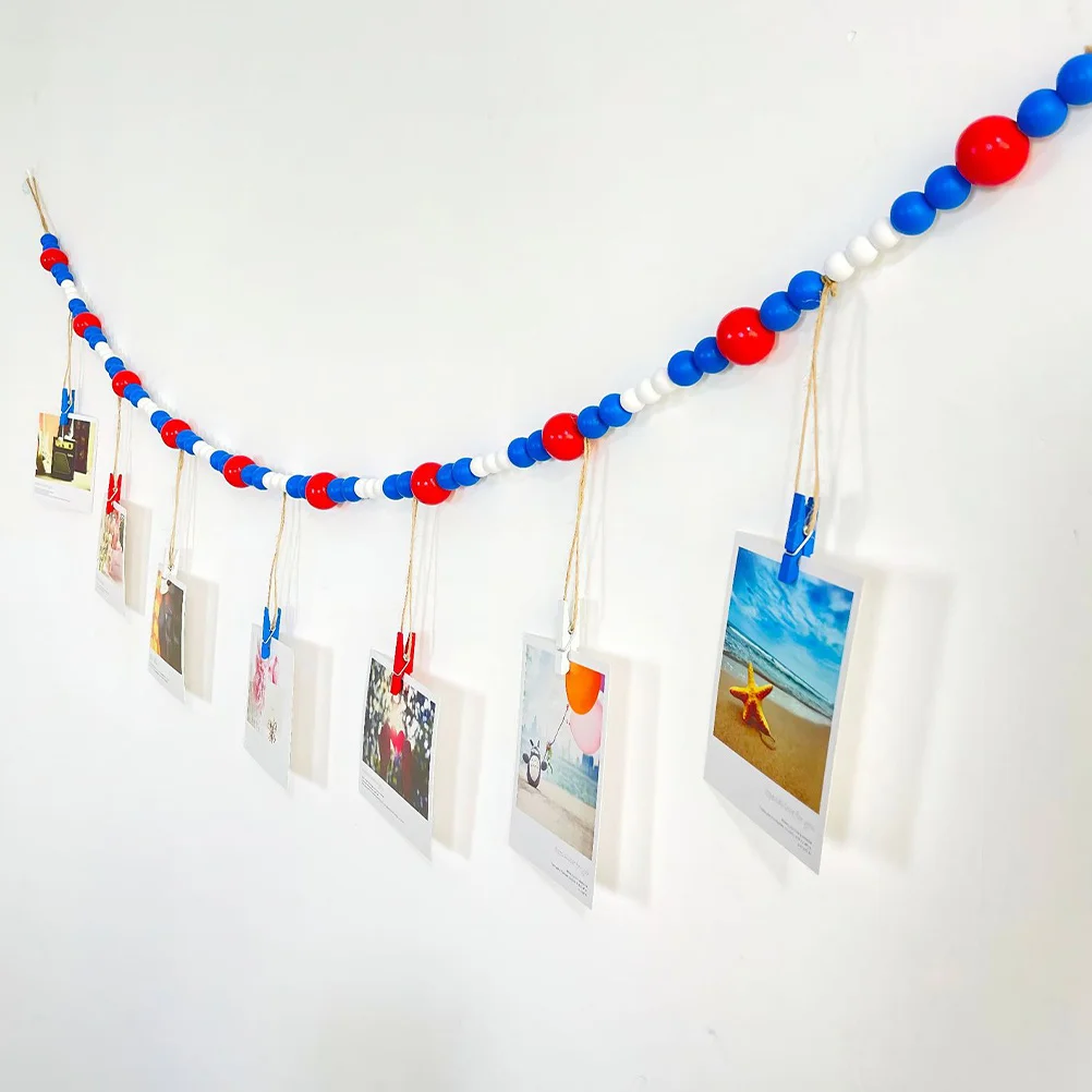 2pcs Wooden Beads Photo Clamps Garland Hanging Picture Display Independence Day Decor Rustic Wood Bead String Pendant Wall