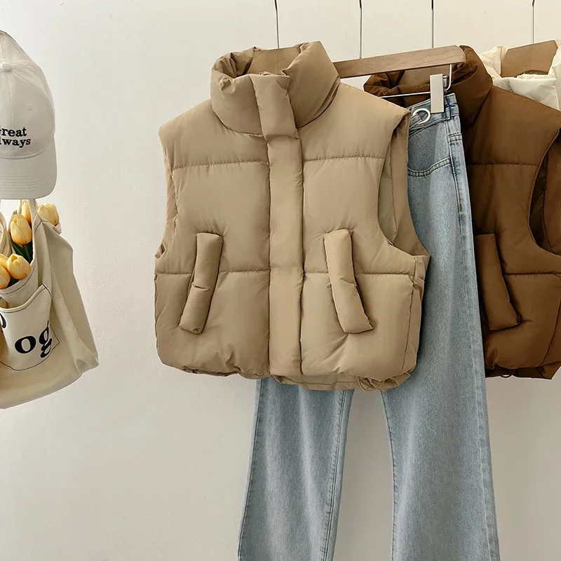 Autumn Winter Women Down Cotton-padded Vest Jackets Women Korean Short All-Match Sleeveless Stand Collar Waistcoat Ladies