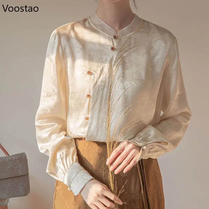 

Chinese Style Vintage Button Shirt Casual Women Elegant Floral Print Long Sleeve Blouses Autumn Retro Female Loose Tops Clothing
