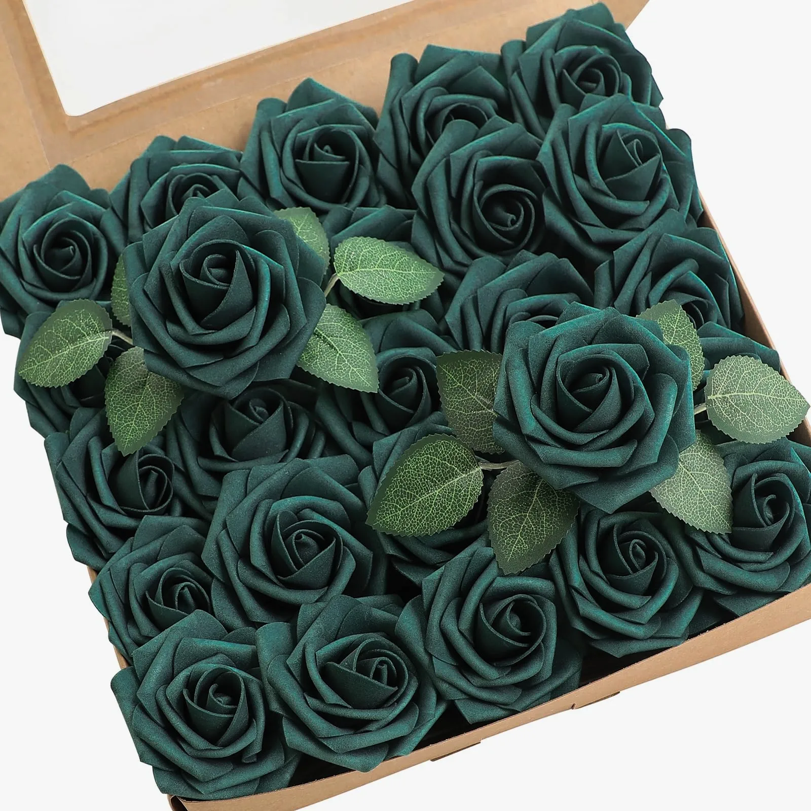 Artificial Flowers 25pcs Real Looking Dark Teal Foam Fake Roses with Stems for DIY Wedding Bouquets Bridal Shower Centerpieces