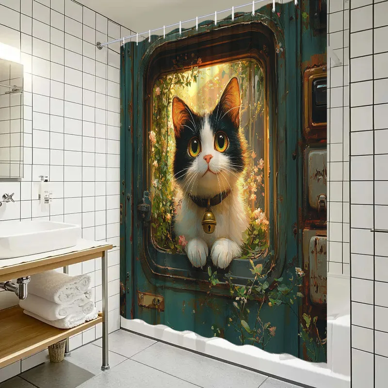 แมวที่มีเสน่ห์ในม่านอาบน้ํากันน้ําประตูวินเทจ - ดีไซน์ลายดอกไม้แสนสบาย ทําความสะอาดง่าย ผ้าทนทานสําหรับการตกแต่งห้องน้ํา