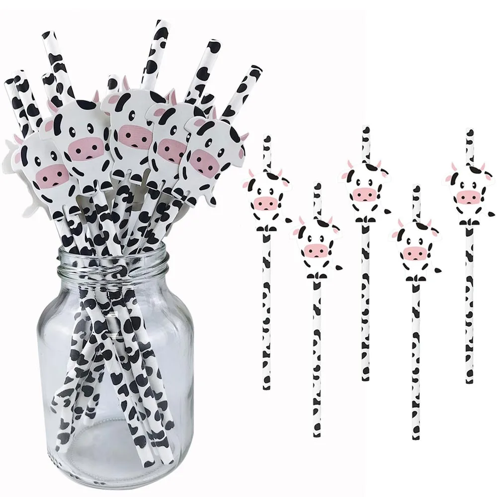 10–100 Stück Kuh-Party-Papierstrohhalme, Bauernhof-Thema, Partyzubehör, biologisch abbaubares Papier, Kuh-Druck, Trinkhalme, Bauernhof-Geburtstagsdekorationen – Detail 1