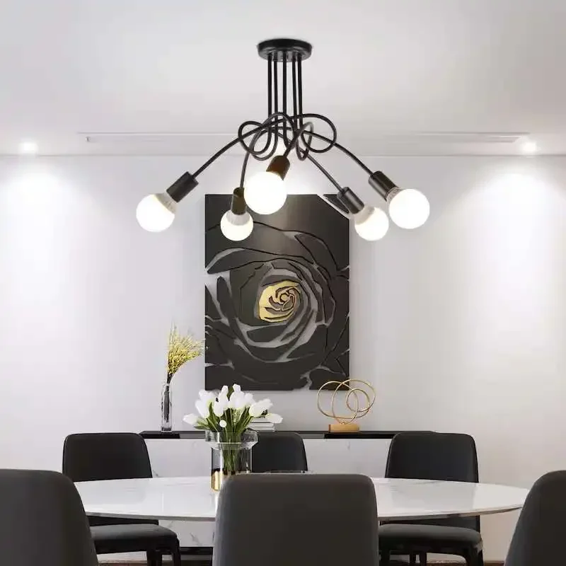 Lâmpada do teto de ferro LED para sala, lustre moderno, decoração de casa, luminária, preto, branco, ouro, E27, 3 cabeças, 5 cabeças