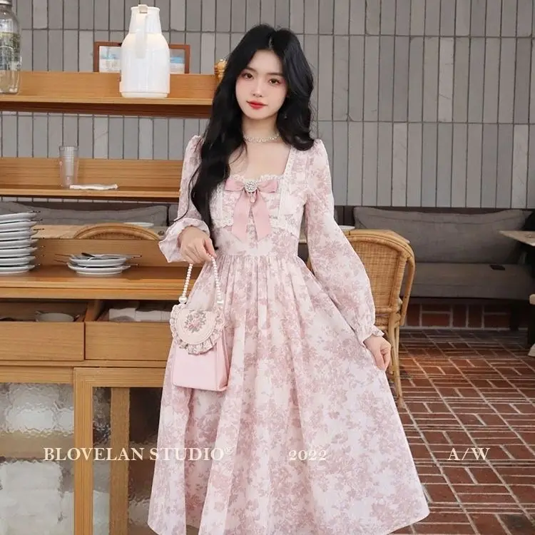 Sweet Pink 2023 Dresses For Women Floral Print Elegant Evening Party Kawaii Vintage Midi Dresses Lace Bubble Sleeve Retro Dress