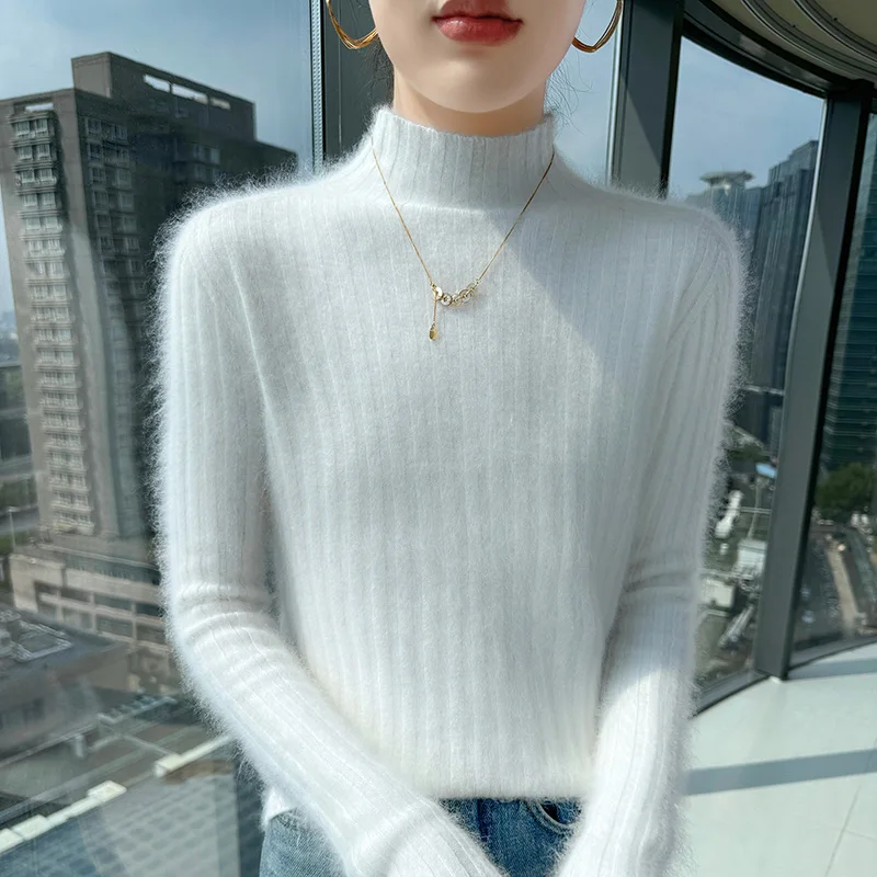 

Half Turtleneck Ribbed Versatile 100% Mink Cashmere Women's Sweater Autumn Winter Slimming Long Sleeve Knitted Warm Base Shirt