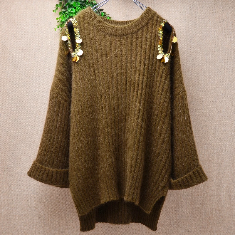 

Women Mujer Fashion Beading Hairy Mink Cashmere Knitted Off Shoulder Sleeves Striped Loose Pullover Sweater Jumper Angora Pull