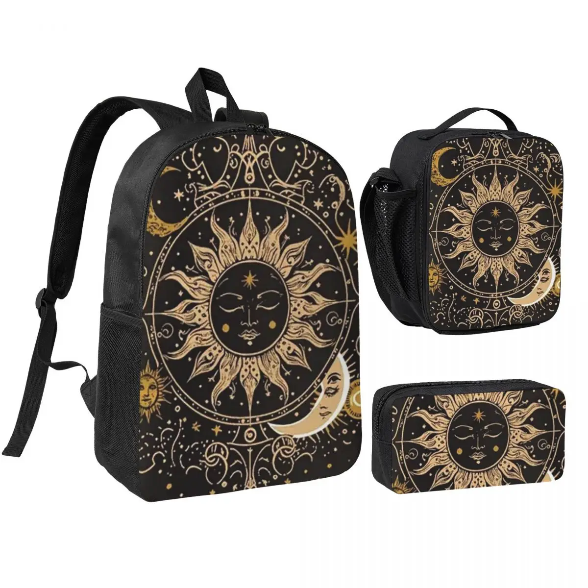 

Boho Golden Crescent Moon And Sun Witch Backpack BookBag School Bag Computer Shoulder Bags 3ps Insulated Lunch Bag Pencil Case