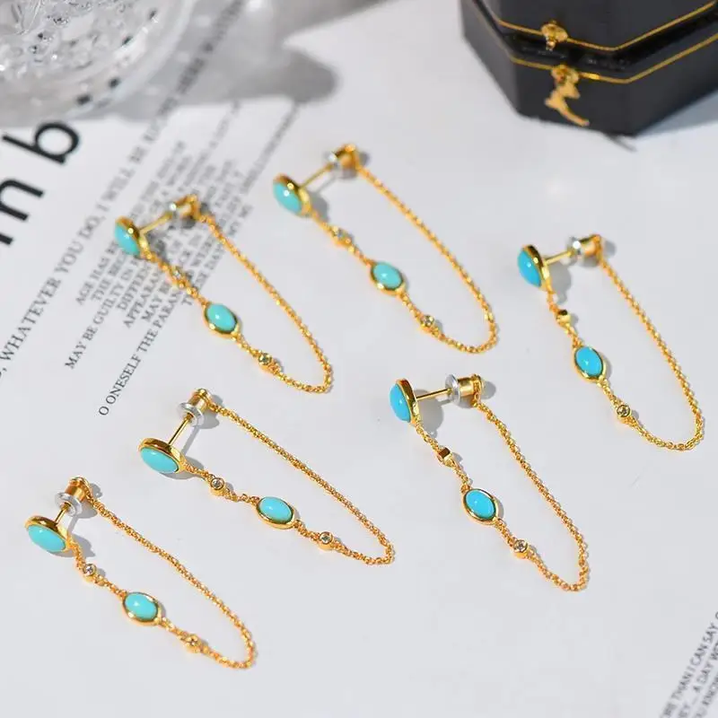 Fashion Trendy 18K Gold Plated Natural Turquoise Bead Drop Dangle Threader Earrings For Women Non-fading Gemstone Tassel Jewelry