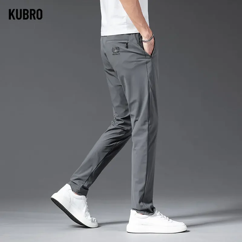 KUBRO Male Chic Clothes Summer Ice Silk Men's Pants Super Thin Section Breathable Comfortable Work Trend Casual Straight Trouser